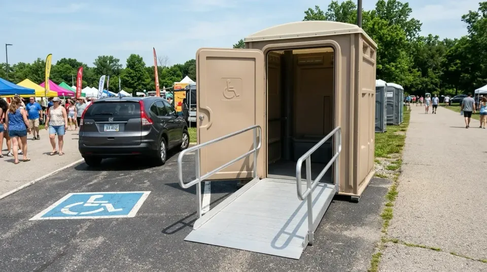 Ada Portable Restroom — Outdoor Event — Ada Portable Restroom, Wheelchair Ramp, Handicap Parking Stencil, Outdoor Event, Toi…