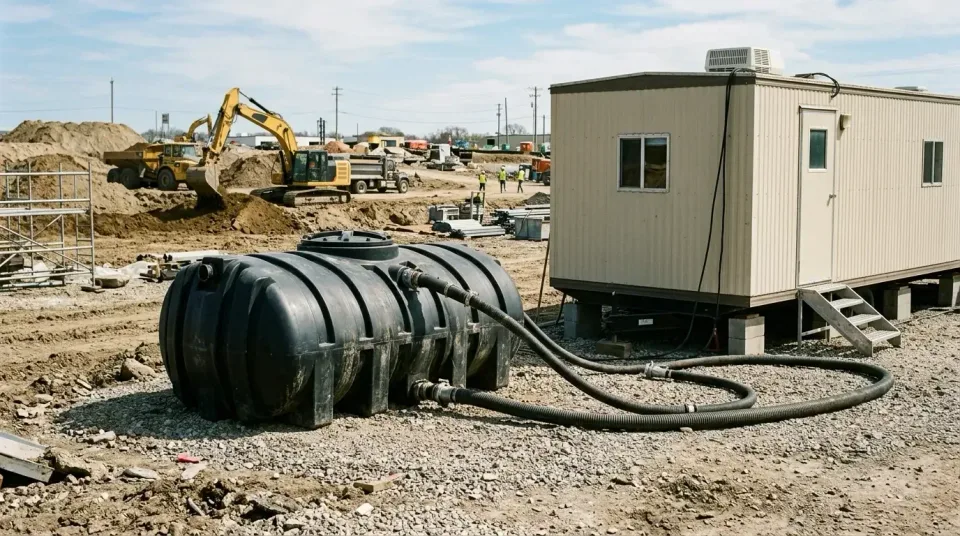 Black Holding Tank — Construction Site — Black Holding Tank, Waste Holding Tank, Mobile Office Trailer, Construction Site, T…