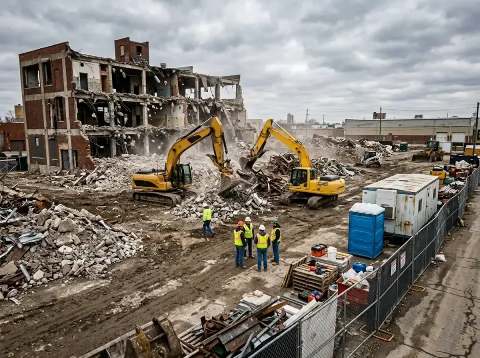 Excavator — Demolition Site — Excavator, Demolition Crew, Porta Potty, Demolition Site, Toilet and Dumpster Rentals