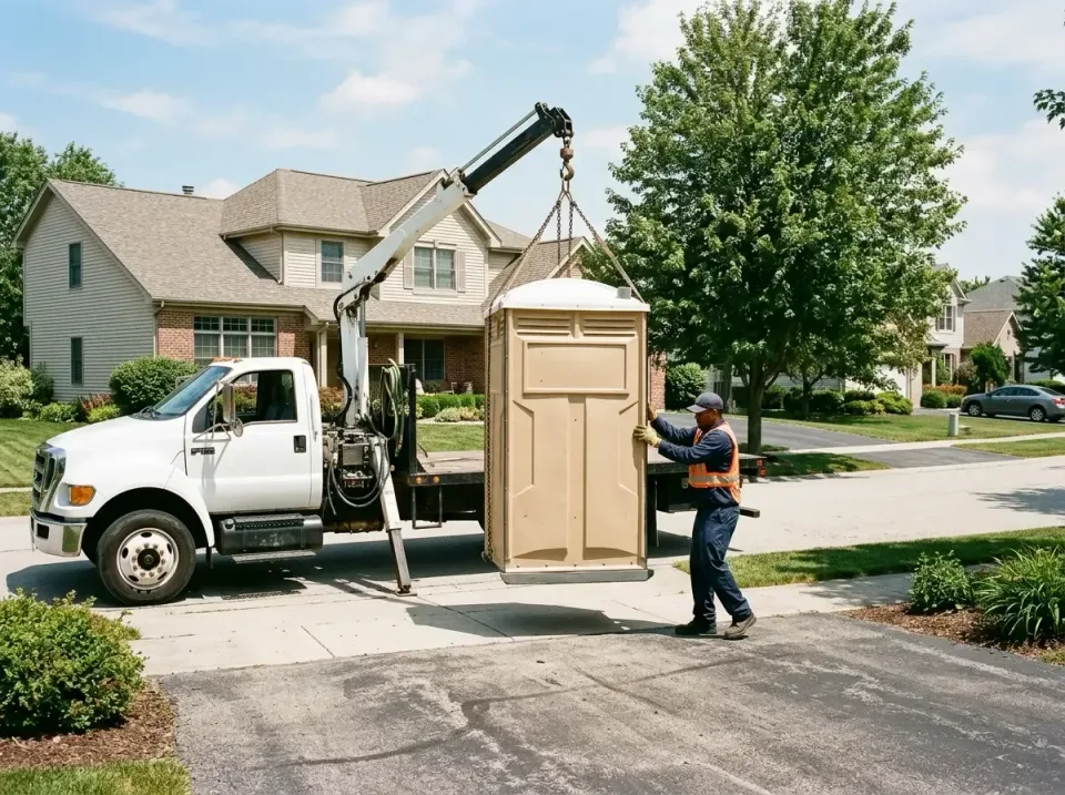 Flatbed Truck — Outdoor — Flatbed Truck, Crane Arm, Porta Potty, Outdoor, Toilet and Dumpster Rentals