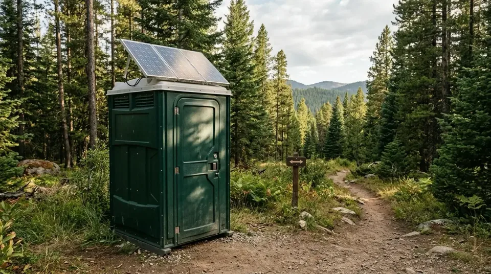 Green Porta Potty — Outdoor Trail Green Porta Potty — Outdoor Trail — Green Porta Potty, Solar Panel, Trail Sign, Outdoor Trail, Toilet and Dumpster Rentals