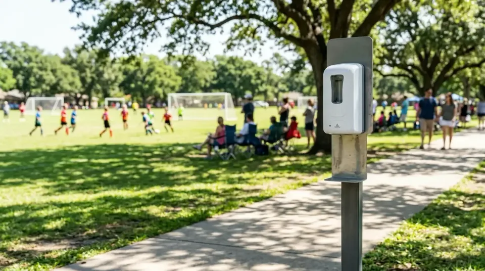 Hand Sanitizer Dispenser — Public Park — Hand Sanitizer Dispenser, Metal Stand, Concrete Pathway, Public Park, Toilet and Du…