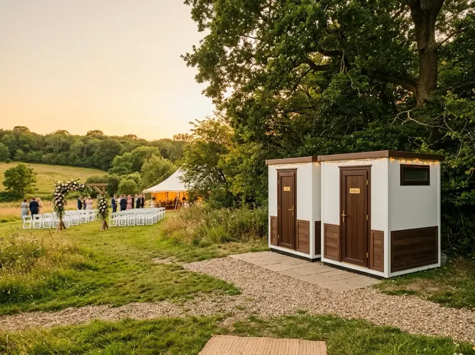 Luxury Portable Restrooms — Outdoor Venue — Luxury Portable Restrooms, Portable Toilet Cabins, String Lights, Outdoor Venue,…