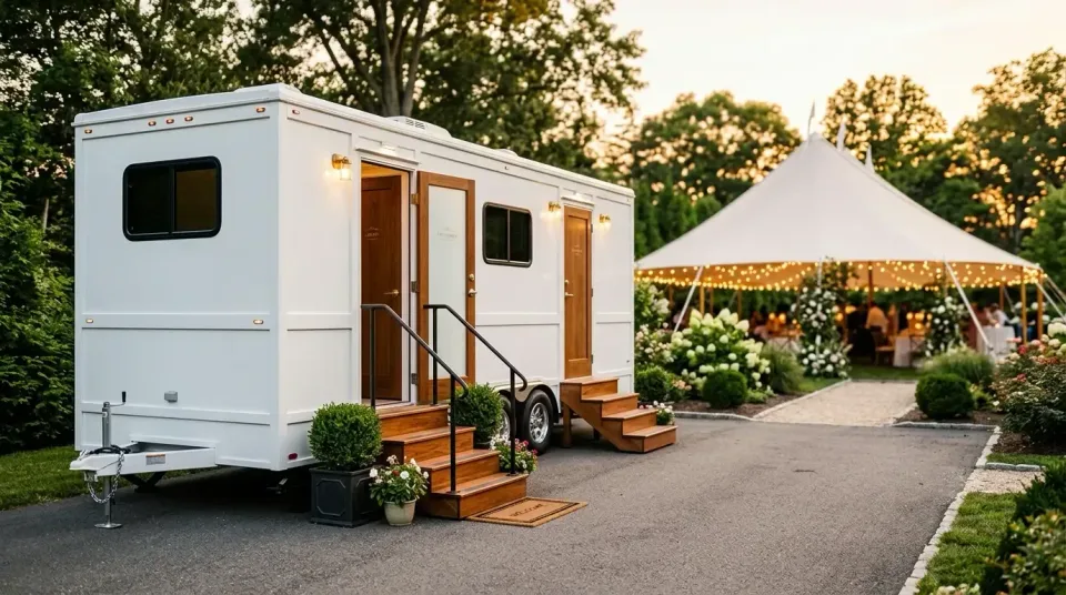 Luxury Restroom Trailer — Outdoor Event — Luxury Restroom Trailer, Wooden Steps, Metal Handrails, Outdoor Event, Toilet and…