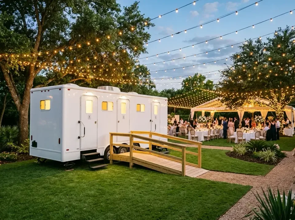 Luxury Restroom Trailer — Outdoor Event Venue — Luxury Restroom Trailer, Wooden Wheelchair Ramp, Trailer Stairs, Outdoor Eve…