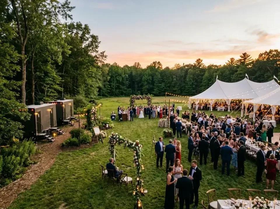 Luxury Restroom Trailer — Outdoor Wedding — Luxury Restroom Trailer, Wedding Tent, String Lights, Outdoor Wedding, Toilet an…