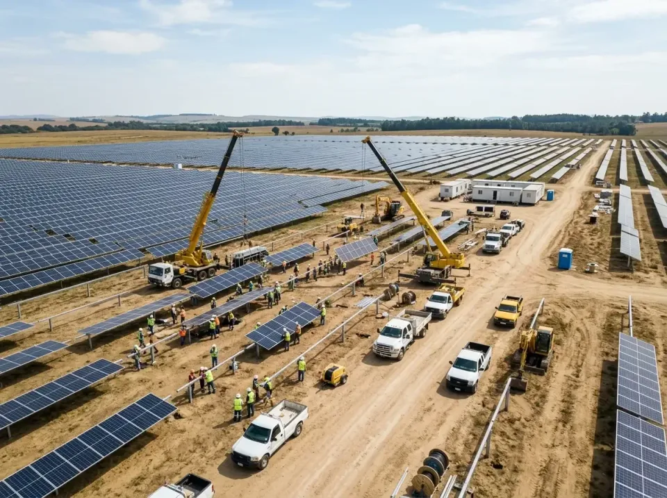 Mobile Cranes — Solar Farm Construction — Mobile Cranes, Solar Panels, Pickup Trucks, Solar Farm Construction, Toilet and Du…