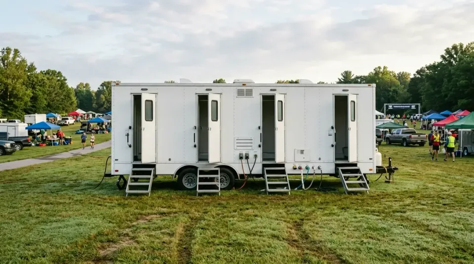 Mobile Shower Trailer — Outdoor Event — Mobile Shower Trailer, Metal Steps, Trailer Wheels, Outdoor Event, Toilet and Dumpst…