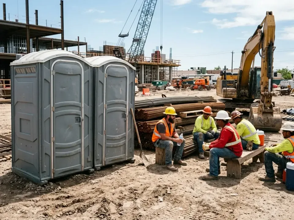 Porta Potty — Construction Site — Porta Potty, Excavator, Construction Crane, Construction Site, Toilet and Dumpster Rentals