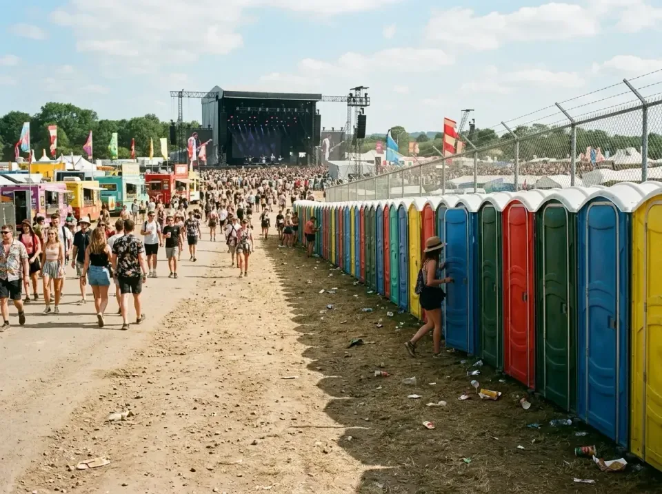 Porta Potty — Music Festival Porta Potty — Music Festival — Porta Potty, Chain-link Fence, Festival Stage, Music Festival, Toilet and Dumpster R… — view 2