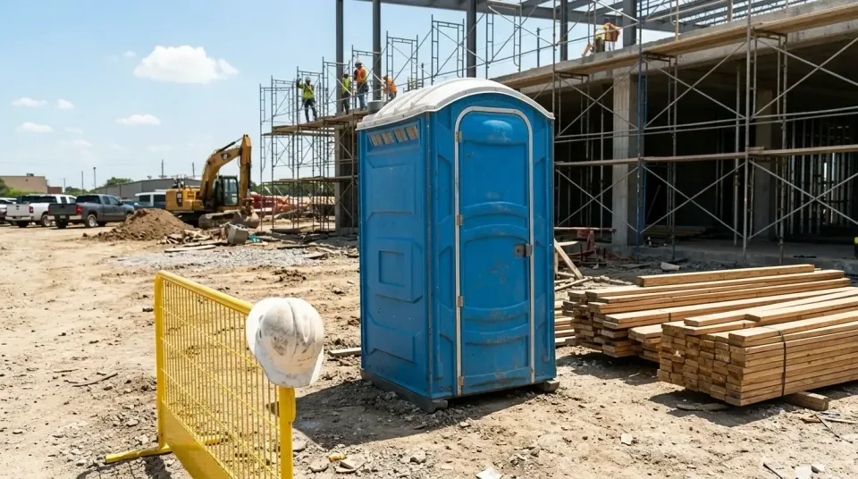 Porta Potty — Construction Site Porta Potty — Construction Site — Porta Potty, Yellow Safety Fence, Hard Hat, Construction Site, Toilet and Dumpster Rentals