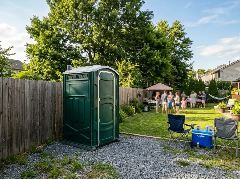 Porta Potty — Backyard Party — Porta Potty, Wooden Fence, Gravel Pad, Backyard Party, Toilet and Dumpster Rentals
