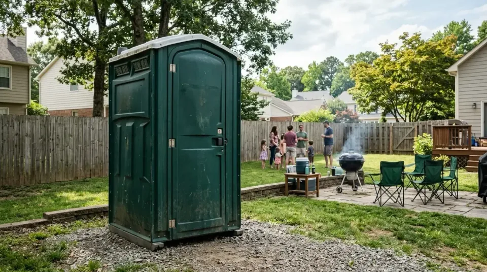 Porta Potty — Residential Backyard — Porta Potty, Gravel Patch, Wooden Fence, Residential Backyard, Toilet and Dumpster Rent…