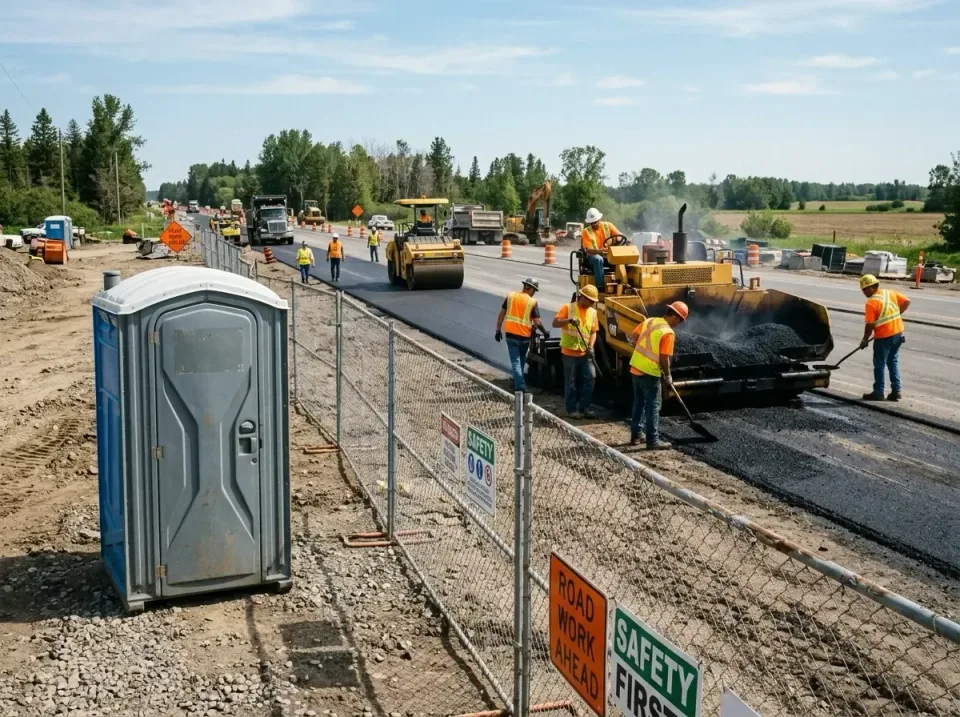 Porta Potty — Construction Site — Porta Potty, Asphalt Paver, Road Roller, Construction Site, Toilet and Dumpster Rentals