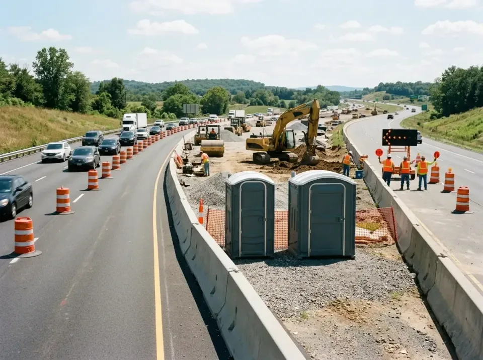 Porta Potty — Highway Construction Porta Potty — Highway Construction — Porta Potty, Excavator, Road Roller, Highway Construction, Toilet and Dumpster Rentals