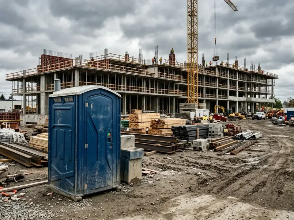 Porta Potty — Construction Site — Porta Potty, Portable Handwashing Station, Tower Crane, Construction Site, Toilet and Dump…