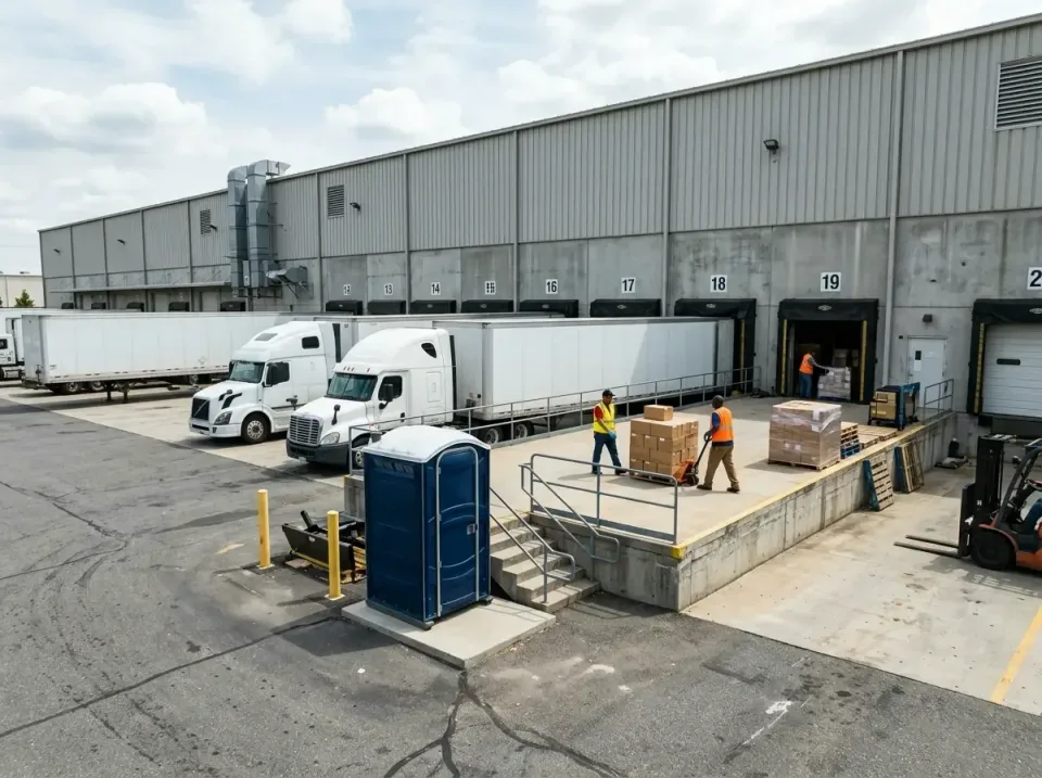 Porta Potty — Warehouse Facility — Porta Potty, Warehouse Building, Semi Truck, Warehouse Facility, Toilet and Dumpster Rent…