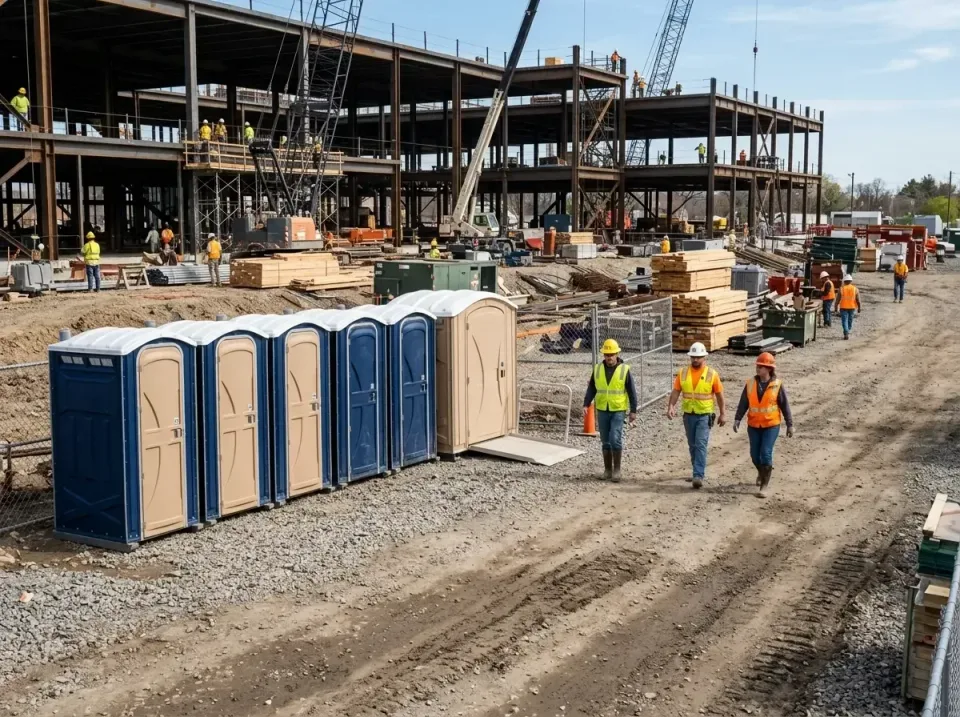 Porta Potty — Construction Site Porta Potty — Construction Site — Porta Potty, Construction Crew, Hard Hat, Construction Site, Toilet and Dumpster Rentals