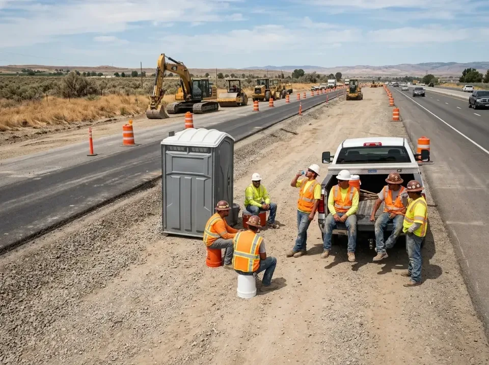 Porta Potty — Highway Construction — Porta Potty, Pickup Truck, Excavator, Highway Construction, Toilet and Dumpster Rentals