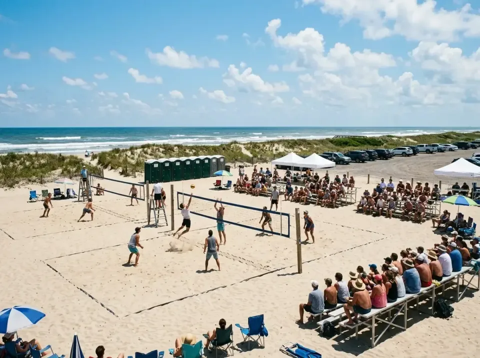 Porta Potty — Beach Volleyball Tournament — Porta Potty, Volleyball Net, Bleachers, Beach Volleyball Tournament, Toilet and…