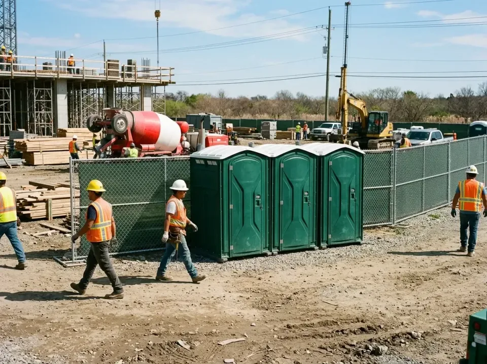 Porta Potty — Construction Site — Porta Potty, Construction Crew, Safety Vest, Construction Site, Toilet and Dumpster Rentals