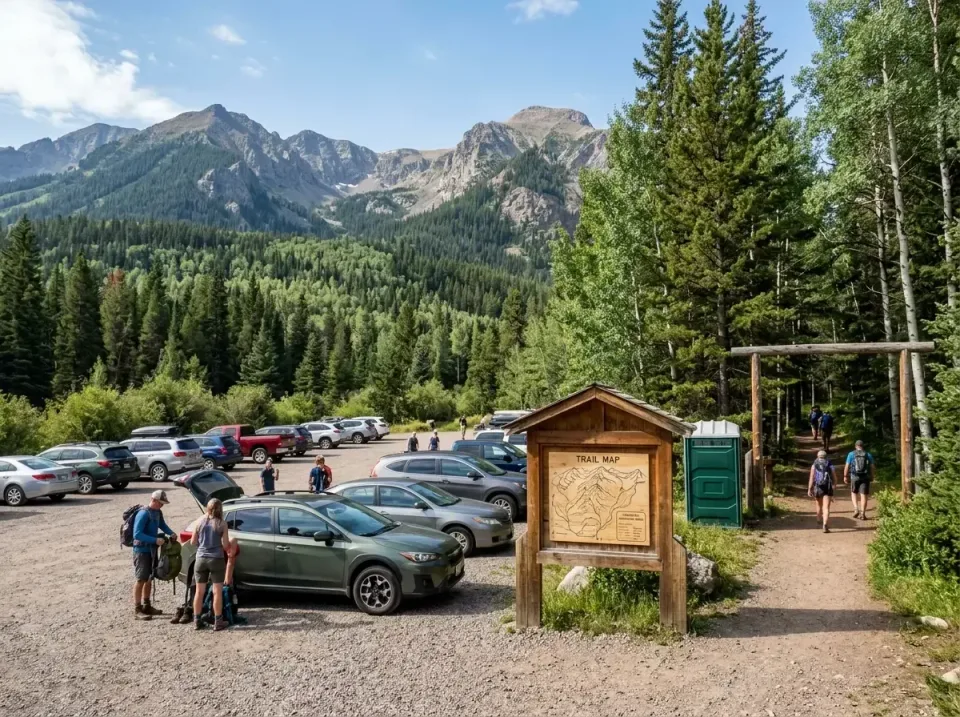 Porta Potty — Hiking Trailhead Porta Potty — Hiking Trailhead — Porta Potty, Trail Map Kiosk, Hikers, Hiking Trailhead, Toilet and Dumpster Rentals