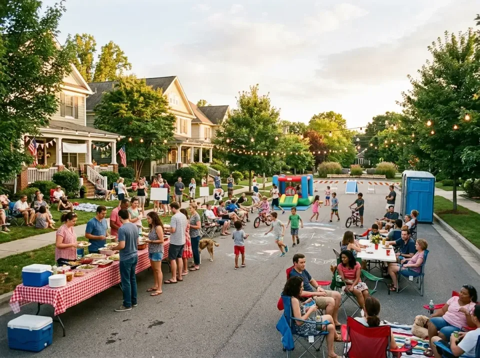 Porta Potty — Neighborhood Block Party — Porta Potty, Folding Tables, Folding Chairs, Neighborhood Block Party, Toilet and D…