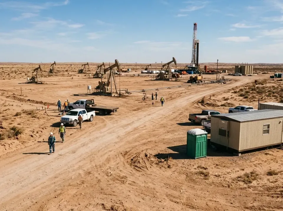 Porta Potty — Oil Field Porta Potty — Oil Field — Porta Potty, Oil Pump Jack, Drilling Rig, Oil Field, Toilet and Dumpster Rentals