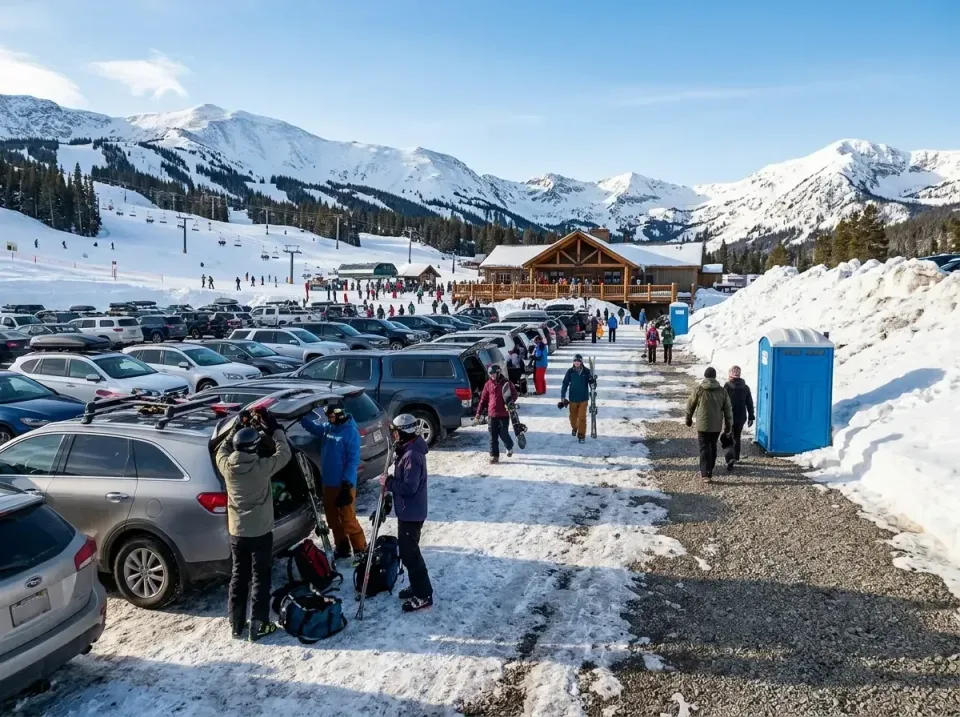 Porta Potty — Ski Resort — Porta Potty, Ski Resort Parking Lot, Skiers, Ski Resort, Toilet and Dumpster Rentals