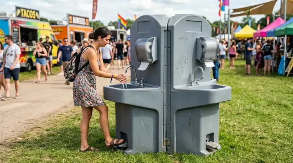 Portable Handwashing Station — Outdoor Event — Portable Handwashing Station, Woman, Food Truck, Outdoor Event, Toilet and Du…