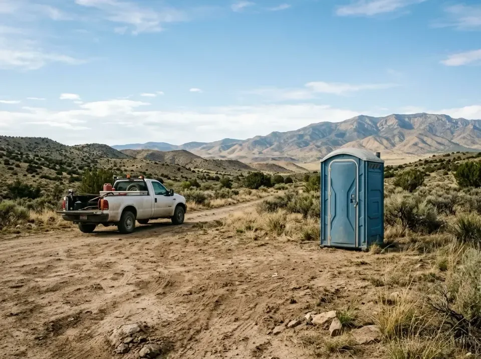 Portable Toilet — Remote Location — Portable Toilet, Pickup Truck, Dirt Road, Remote Location, Toilet and Dumpster Rentals