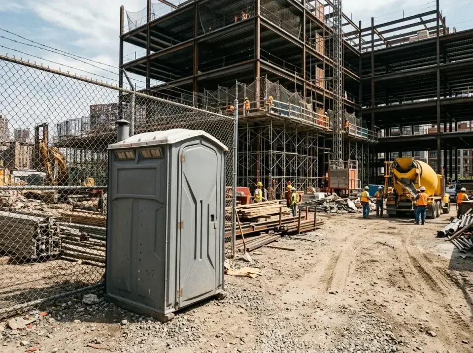 Portable Toilet — Construction Site — Portable Toilet, Chain-link Fence, Steel Building Frame, Construction Site, Toilet and…