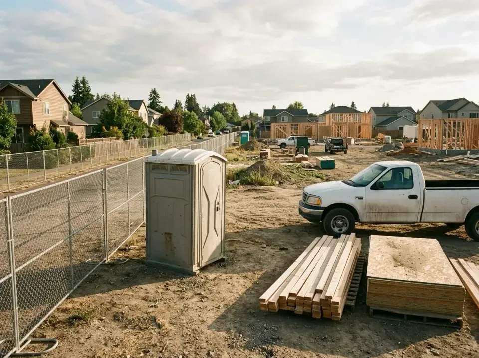 Portable Toilet — Residential Construction Site — Portable Toilet, Pickup Truck, Temporary Chain-link Fence, Residential Con…