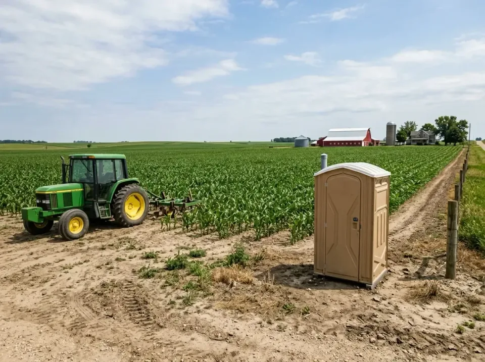 Portable Toilet — Agricultural Setting — Portable Toilet, Farm Tractor, Corn Field, Agricultural Setting, Toilet and Dumpste…