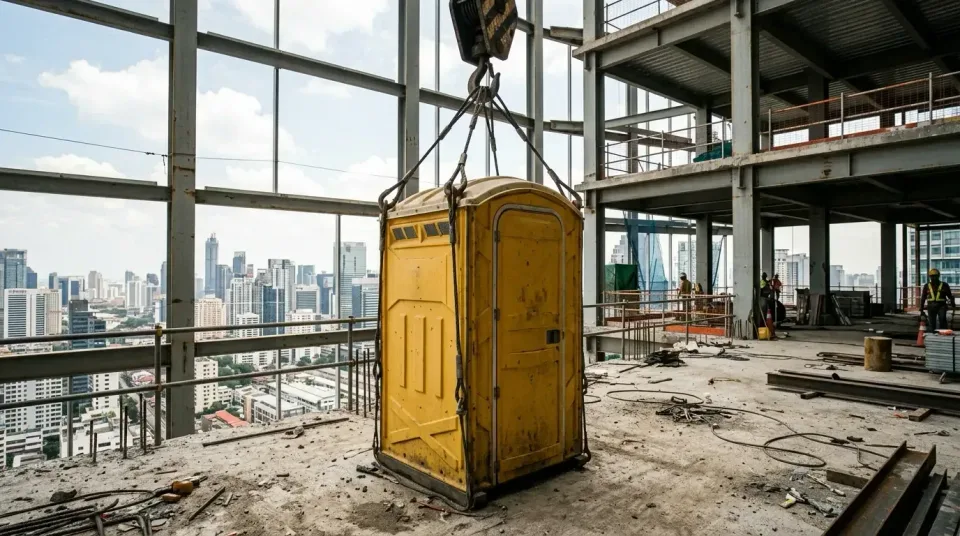 Portable Toilet — Construction Site — Portable Toilet, Crane Hook, Steel Beams, Construction Site, Toilet and Dumpster Renta…