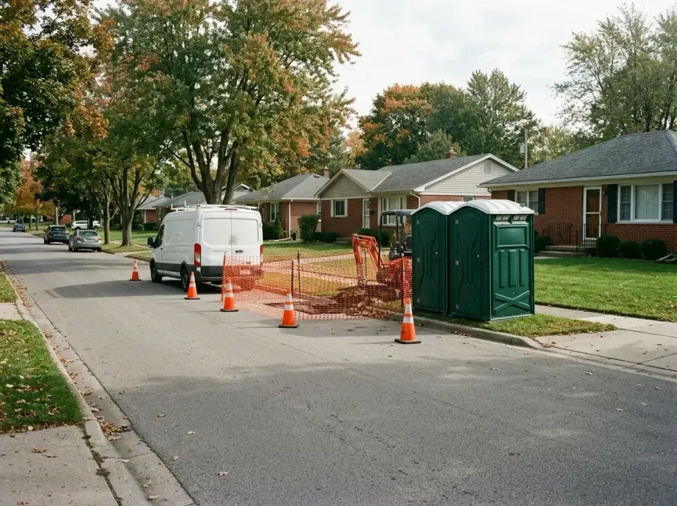 Portable Toilet — Residential Street Portable Toilet — Residential Street — Portable Toilet, Porta Potty, Work Van, Residential Street, Toilet and Dumpster Renta…