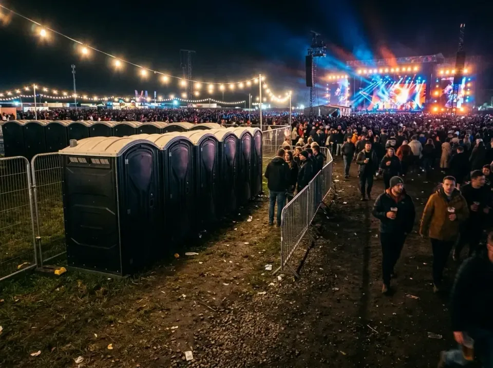 Portable Toilets — Outdoor Event — Portable Toilets, Metal Crowd Control Barriers, String Lights, Outdoor Event, Toilet and…