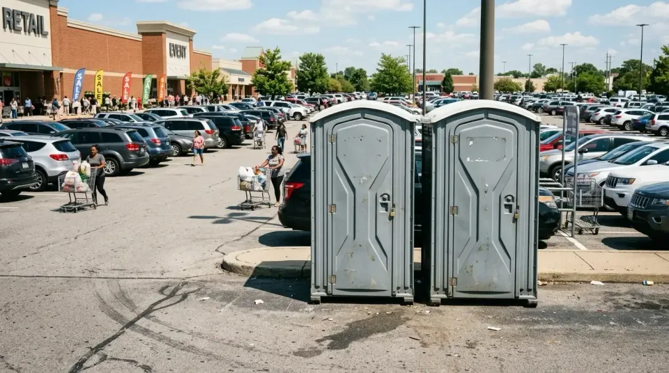 Portable Toilets — Commercial Parking Lot — Portable Toilets, Shopping Carts, Parked Cars, Commercial Parking Lot, Toilet an…
