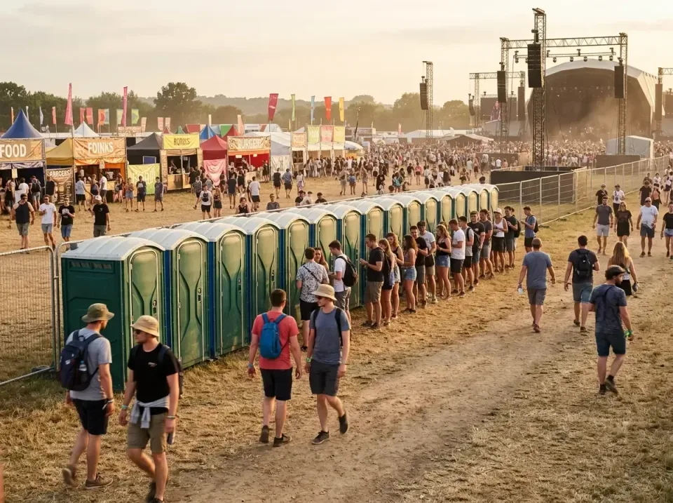 Portable Toilets — Music Festival — Portable Toilets, Metal Crowd Control Barriers, Festival Attendees, Music Festival, Toil…