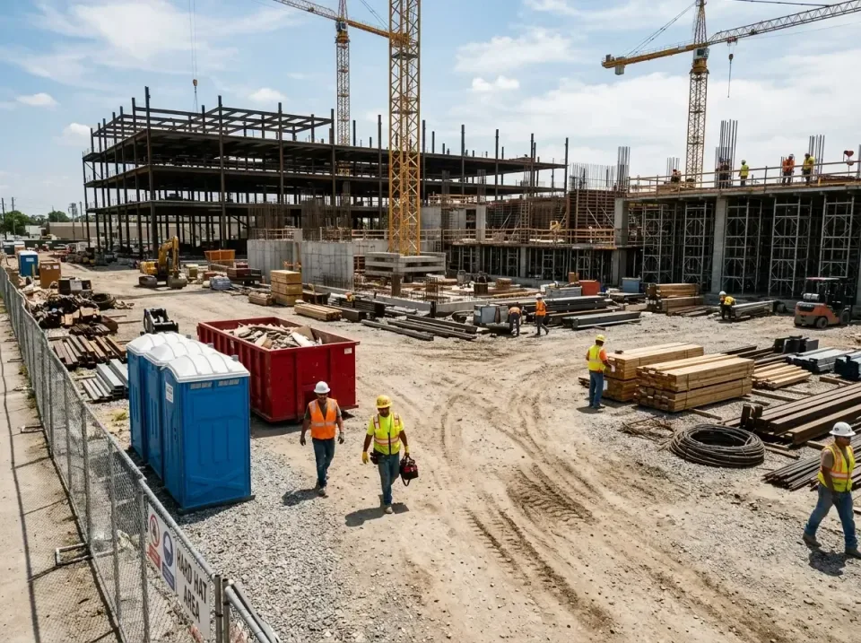 Portable Toilets — Construction Site — Portable Toilets, Roll-off Dumpster, Construction Crew, Construction Site, Toilet and…