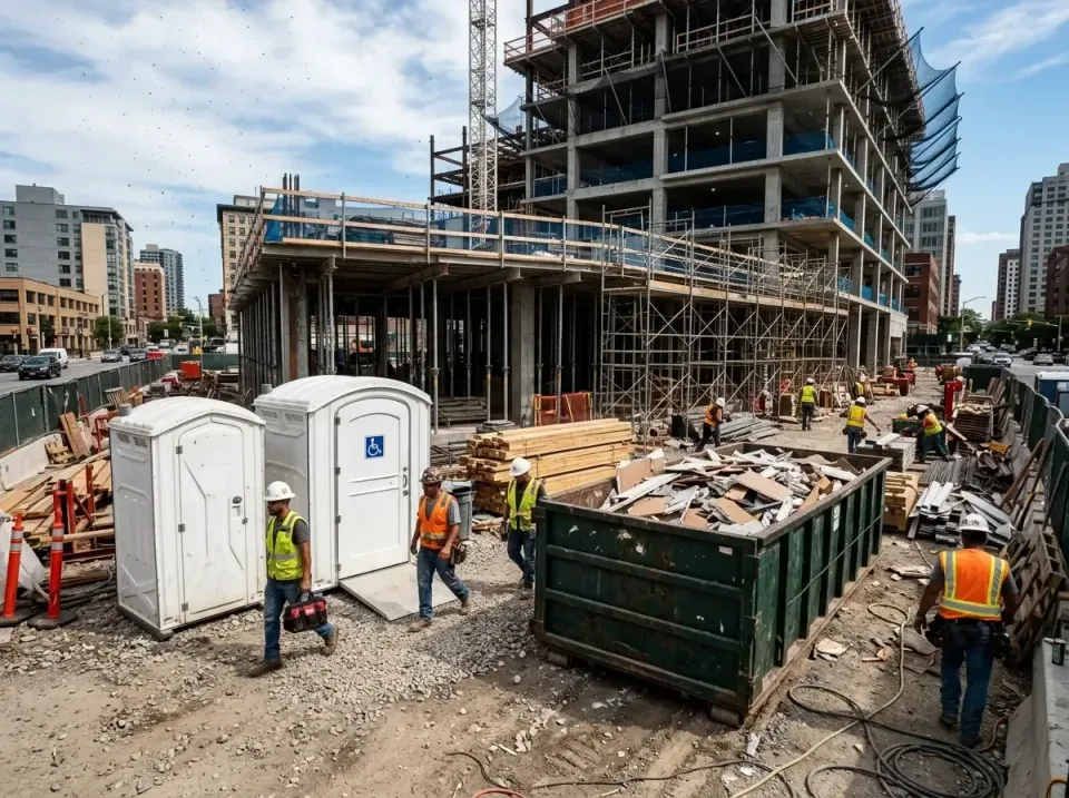 Portable Toilets — Construction Site — Portable Toilets, Roll-off Dumpster, Construction Workers, Construction Site, Toilet…