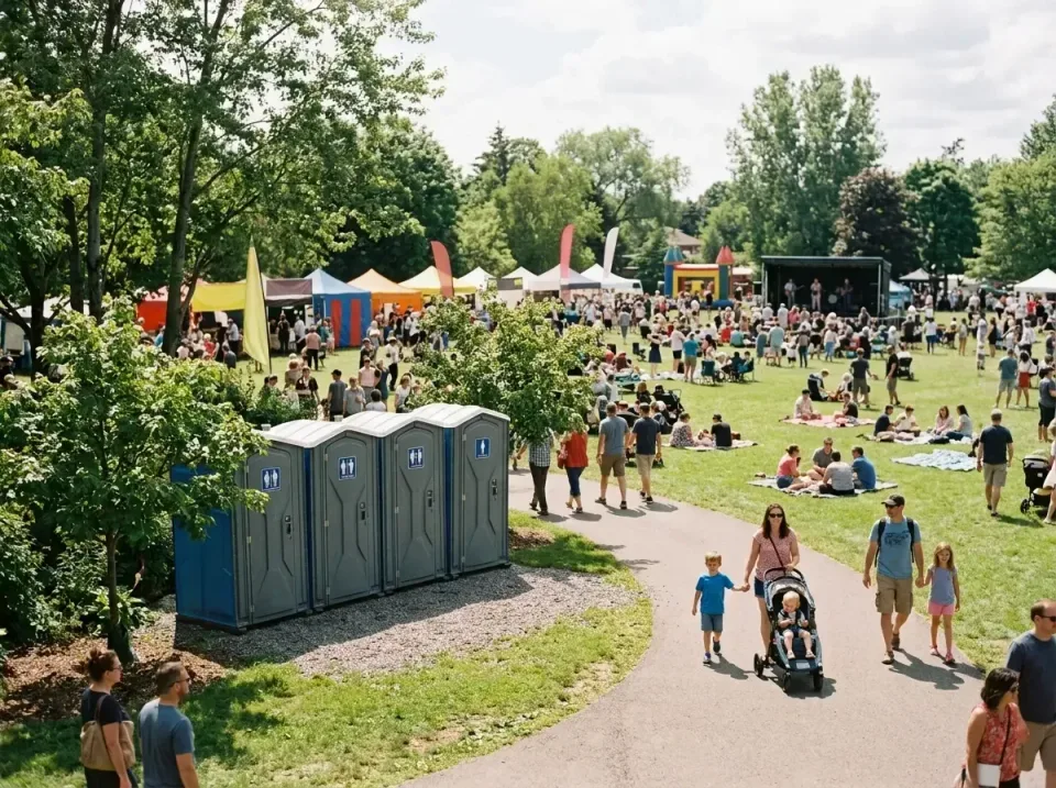 Portable Toilets — Public Park — Portable Toilets, People, Stroller, Public Park, Toilet and Dumpster Rentals