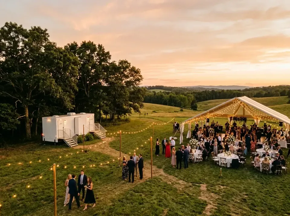 Restroom Trailer — Outdoor Wedding — Restroom Trailer, Wedding Tent, String Lights, Outdoor Wedding, Toilet and Dumpster Ren…