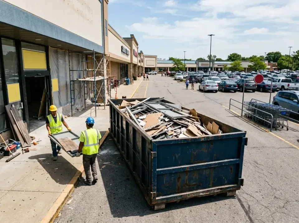 Roll-off Dumpster — Commercial Renovation — Roll-off Dumpster, Construction Workers, Scaffolding, Commercial Renovation, Toi…