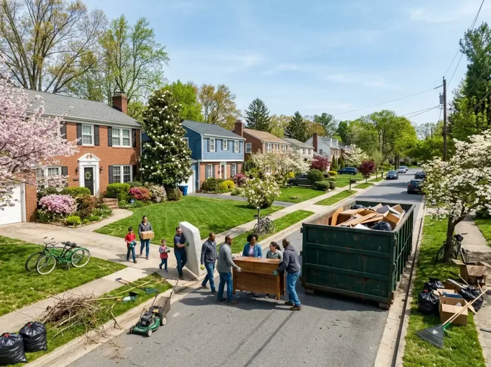 Roll-off Dumpster — Residential Neighborhood — Roll-off Dumpster, People, Lawn Mower, Residential Neighborhood, Toilet and D…
