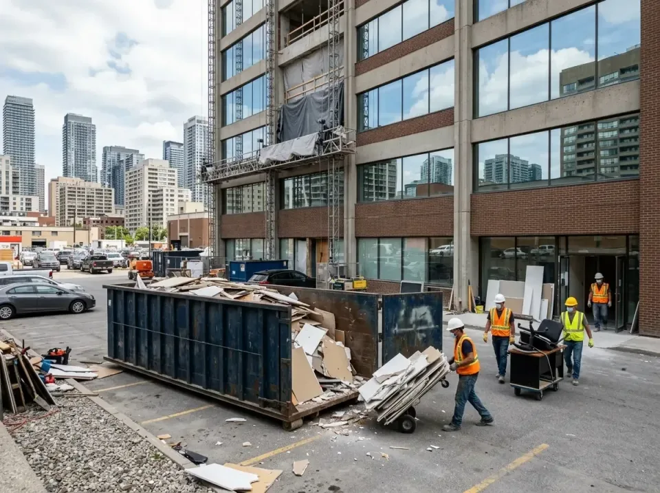 Roll-off Dumpster — Commercial Construction — Roll-off Dumpster, Construction Crew, Hand Truck, Commercial Construction, Toi…