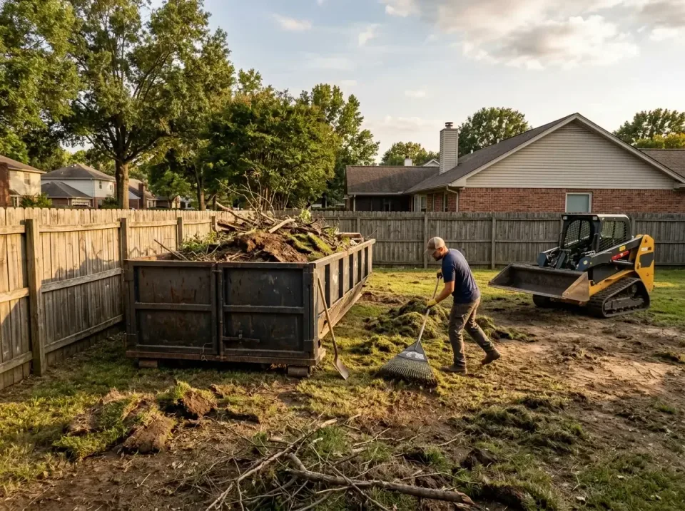 Roll-off Dumpster — Backyard Landscaping — Roll-off Dumpster, Skid Steer Loader, Worker, Backyard Landscaping, Toilet and Du…
