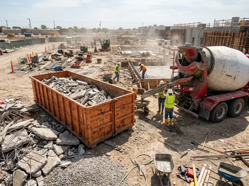 Roll-off Dumpster — Construction Site — Roll-off Dumpster, Concrete Mixer Truck, Construction Crew, Construction Site, Toile…