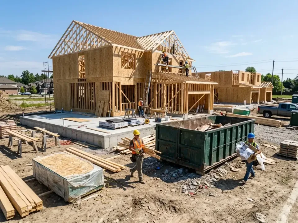 Roll-off Dumpster — Construction Site — Roll-off Dumpster, Unfinished House Framing, Construction Workers, Construction Site…