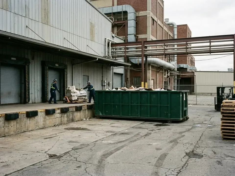 Roll-off Dumpster — Industrial Site — Roll-off Dumpster, Pallet Jack, Wooden Pallets, Industrial Site, Toilet and Dumpster R…